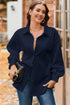 Cable Texture Button Front Puff Sleeve Shacket